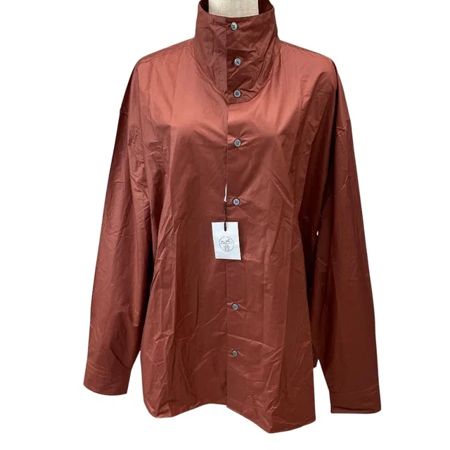 Hermès Stand Collar Jacket Light Shirt Cotton Nylon Brick Brown Lightweight Haori in Brown Nylon from The Reluxe