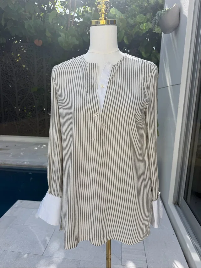 Brunello Cucinelli Ivory And Black Striped Long-Sleeve Tunic Silk in black Silk from Poshmark