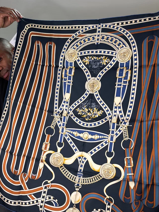Hermès Silk 45-58 – Geometric Medallions in Emerald, Blue, and Tangerine in Blue Silk from Luxury Promise