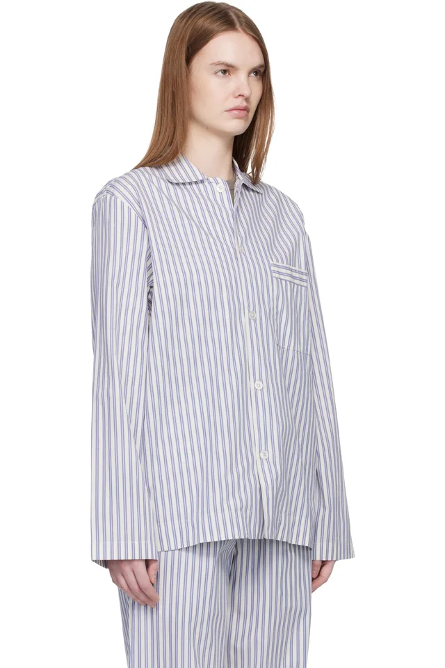 Tekla White & Blue Poplin Long-Sleeved Pyjama Shirt, photo 2 of 3 from SSENSE
