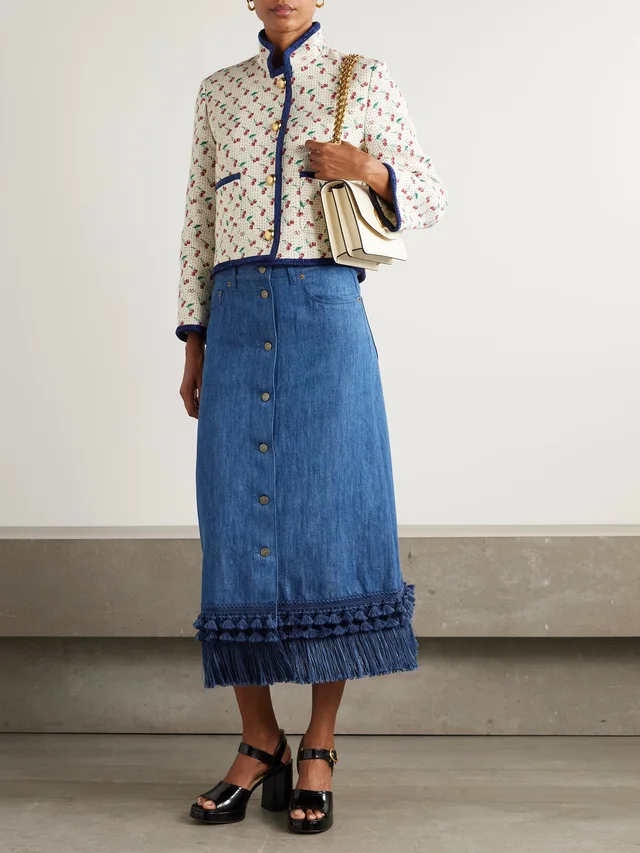 VALENTINO GARAVANI Tasseled fringed denim midi skirt in Blue, photo 2 of 2 from NET-A-PORTER (Canada)