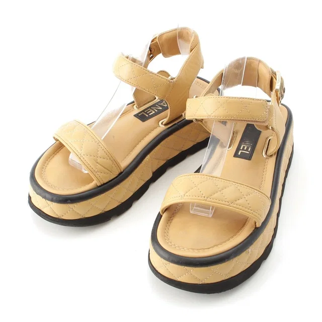 Chanel Quilted Lambskin CC Logo Velcro Strap Sandals Beige 36C in Beige Lambskin from The Reluxe