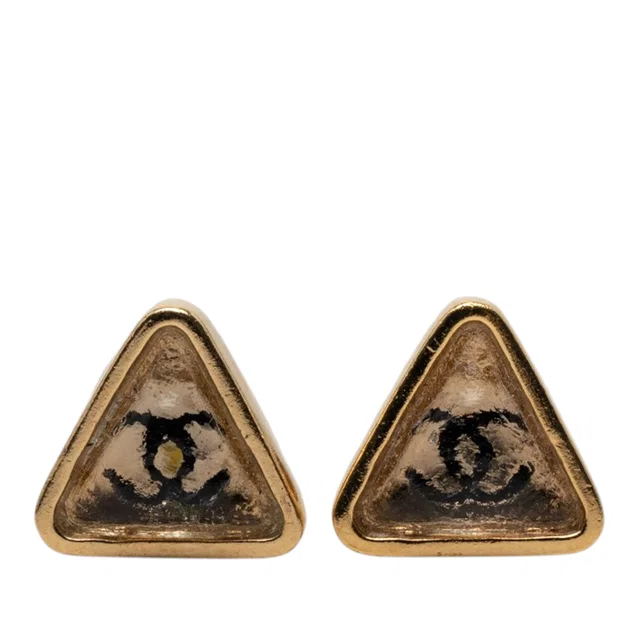 Gold Chanel CC Gold Plated Gripoix Triangle Push Back Earrings in Gold from Designer Revival