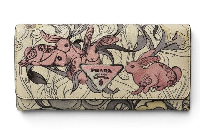 Prada Wallet James Jean Rabbit Print Gray Scarf Collaboration Art Design in Grey from The Reluxe