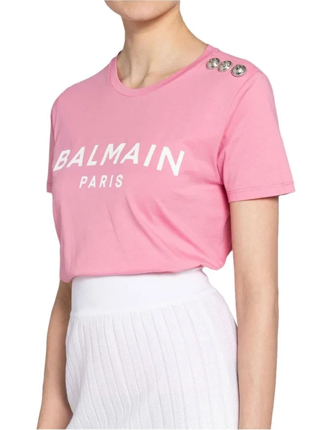 Balmain Logo Tee With Silver Shoulder Buttons in pink from Poshmark