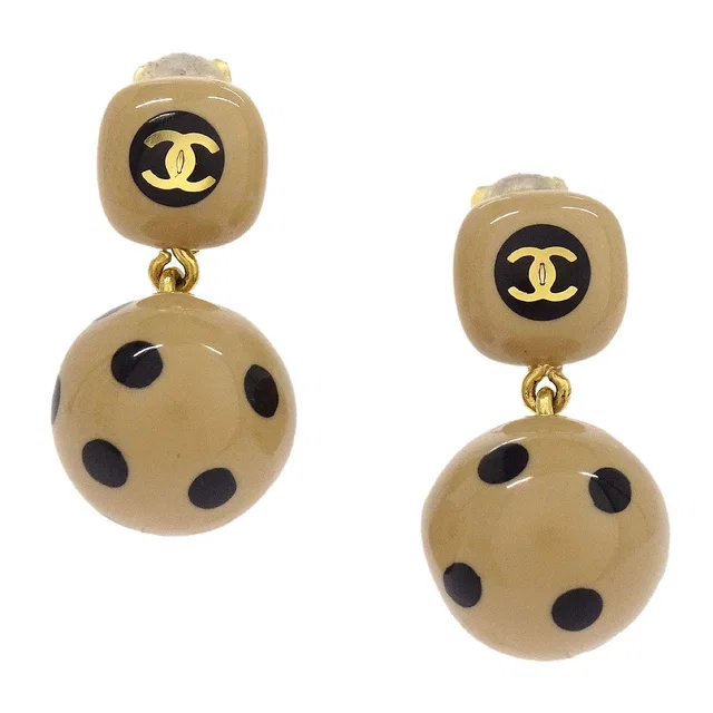 Chanel Dangle Clip-On Earrings Gold Beige 00A in Beige Resin from AMORE Vintage Tokyo