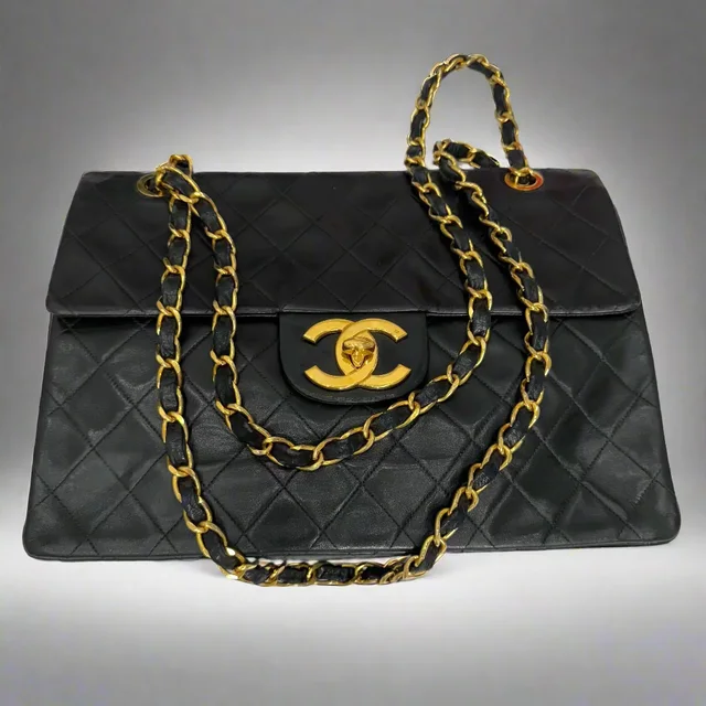Chanel Black Lambskin Matelasse, Single Flap, Maxi Jumbo in Black Lambskin from SparklesnDreams