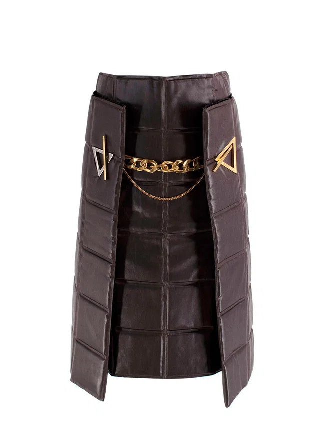Bottega Veneta Chain Link Chocolate Brown Padded Two Piece Skirt in Brown Leather from HEWI