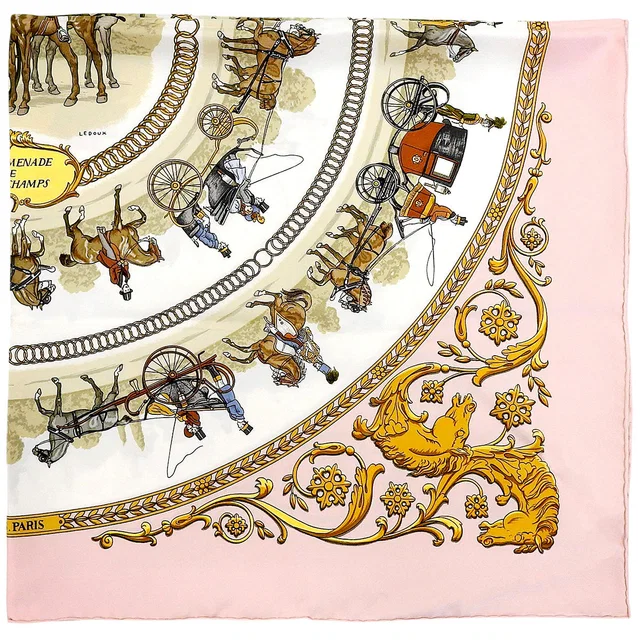 Hermès Carre 90 LA PROMENADE DE LONGCHAMPS Scarf Pink in Pink Silk from VINTAGE QOO TOKYO