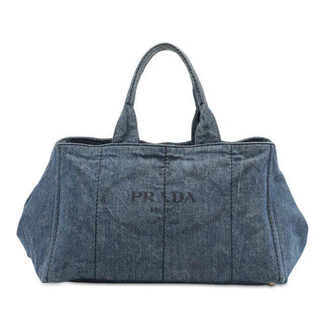 Blue Prada Large Denim Canapa Logo Tote Satchel in Blue Denim from Designer Revival