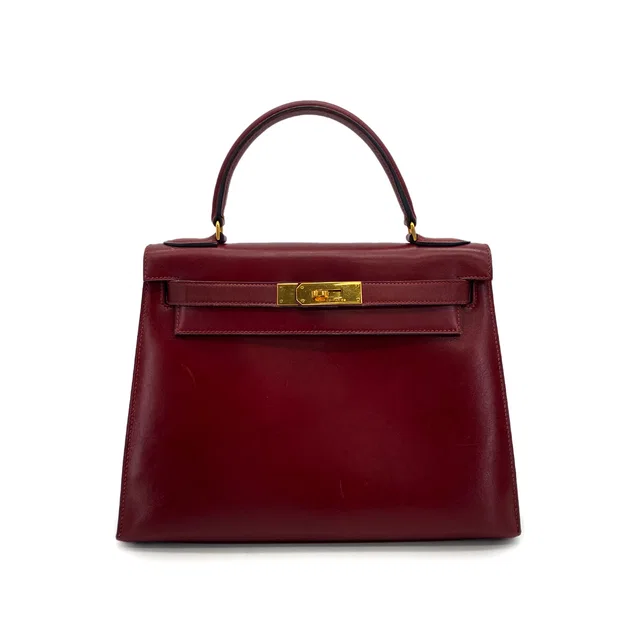 Hermès Kelly 28 Sellier Rouge H Boxcalf Hand Bag 1986 Circle P Gold Hardware in Burgundy from Luxury Promise