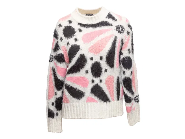 White & Multicolor Chanel 2023 Cashmere & Silk-Blend Floral Intarsia Sweater Size FR 36 in White Silk from Designer Revival