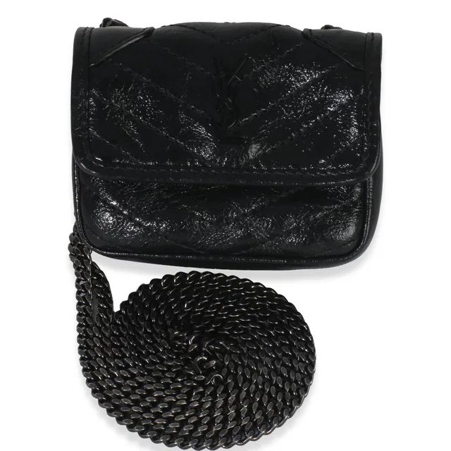 Saint Laurent Black Crinkled Calfskin Matelasse Micro Niki Airpods Case in Black Calfskin from myGemma