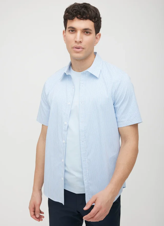Kit and Ace Acadia Short Sleeve Poplin Shirt in Bright White/Cool Blue Stripe PopTec, photo 4 of 7 from Kit and Ace