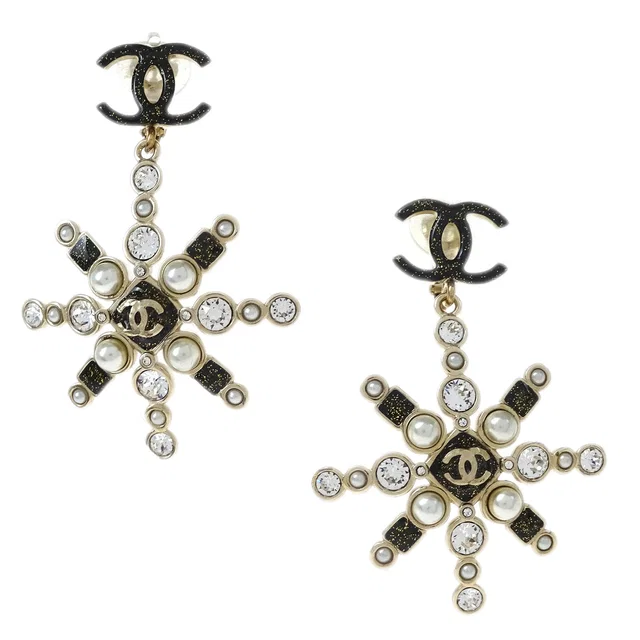Chanel Snowflake Dangle Earrings Clip-On Gold Rhinestone B19B in Gold from AMORE Vintage Tokyo