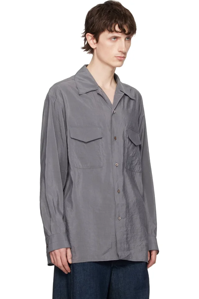 LEMAIRE Gray Convertible Collar Dry Silk Shirt, photo 2 of 4 from SSENSE