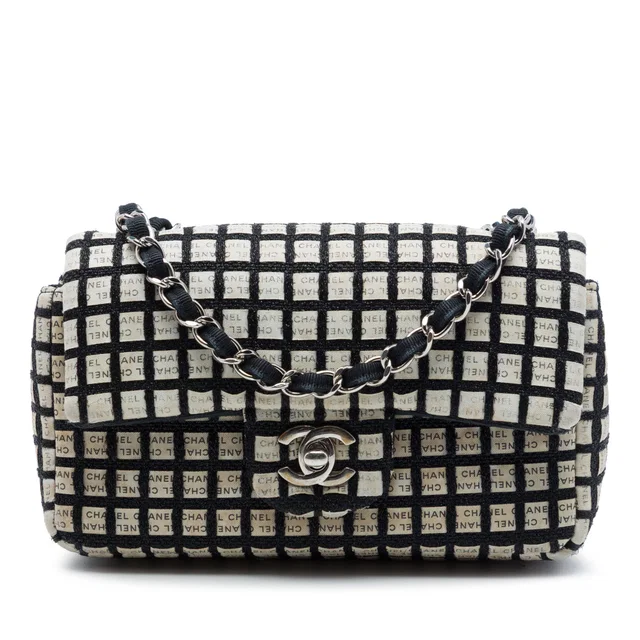 Black Chanel Mini Rectangular Tweed and Ribbon Logo Single Flap Crossbody Bag in Black Tweed from Designer Revival