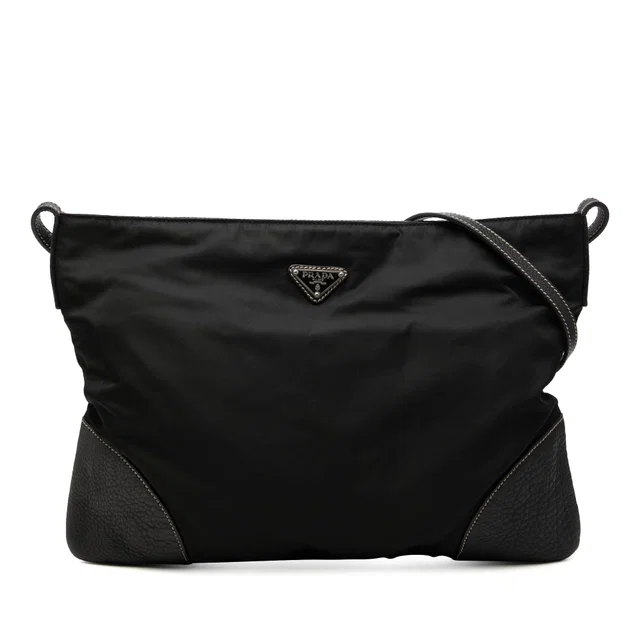 Black Prada Vitello Daino Trimmed Tessuto Zip Top Crossbody in Black Nylon from Designer Revival