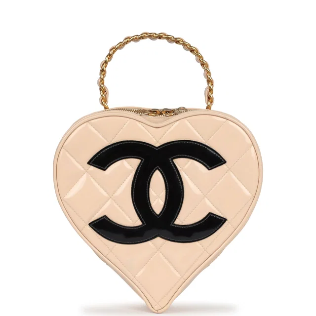 Chanel Vintage Heart Vanity Bag Beige, Black Patent Antique Gold Hardware in Black Patent leather from Madison Avenue Couture