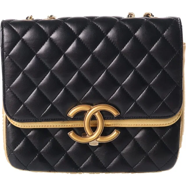 Chanel CC Logo Quilted Chain Shoulder Bag Black Gold Lambskin in Black Lambskin from The Reluxe