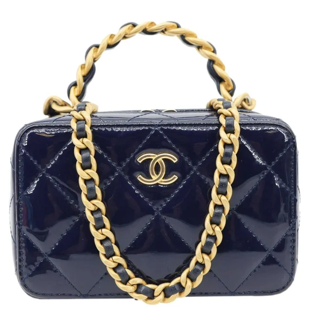 Chanel Woven Chain Vanity Case Mini Patent Leather Top Handle Shoulder Bag Blue in Blue Patent leather from Dallas Designer Handbags