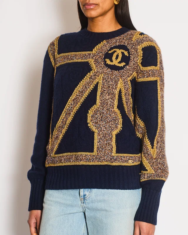 Chanel 21/A Navy Cashmere Knitted CC Jumper Size FR 38 (UK 10) in Navy Cashmere from Sellier