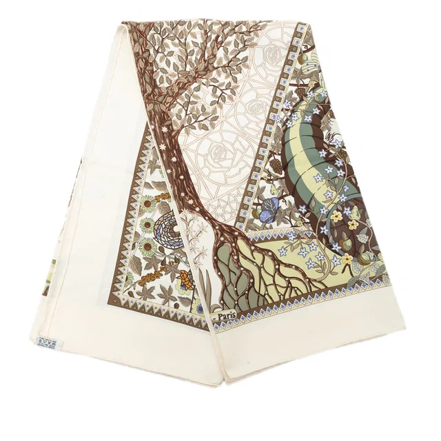 White Hermès Axis Mundi Silk Scarf 90 Scarves in White Silk from Designer Revival