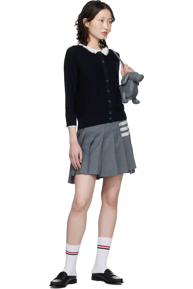 Thom Browne Navy Merino Wool Bobble Stitch Lace Trim Cardigan, photo 4 of 4 from SSENSE