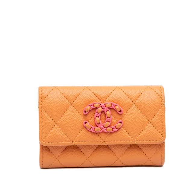 Orange Chanel Quilted Caviar 19 Flap Card Holder in Orange Caviar leather from Designer Revival
