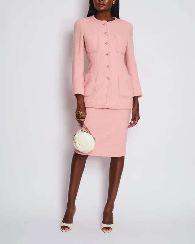 Chanel 93C Pink Tweed Skirt and Jacket Set with Logo Buttons and Pocket Detail FR 38 (UK 10) in Pink Tweed from Sellier