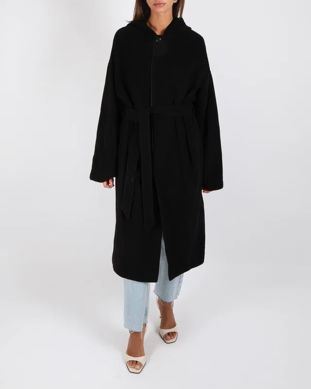 Celine Black Cashmere Hooded Coat with Belt Size FR 38 (UK 10) in Black Cashmere from Sellier