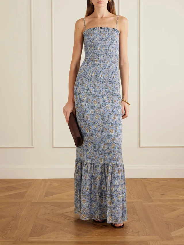 VERONICA BEARD Clem shirred floral-print cotton and silk-blend midi dress in Blue, photo 2 of 2 from NET-A-PORTER (Canada)