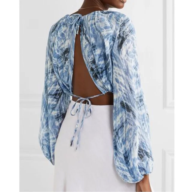 Jacquemus Georgia Alice Blue Giselle Open Back Printed Cotton And Silk Blend Blouse in blue Silk from Poshmark