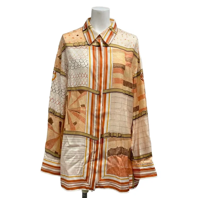 Hermès Long Sleeve Shirt Blouse M 5 DH Brown Beige White Silk 40 in Brown Silk from The Reluxe