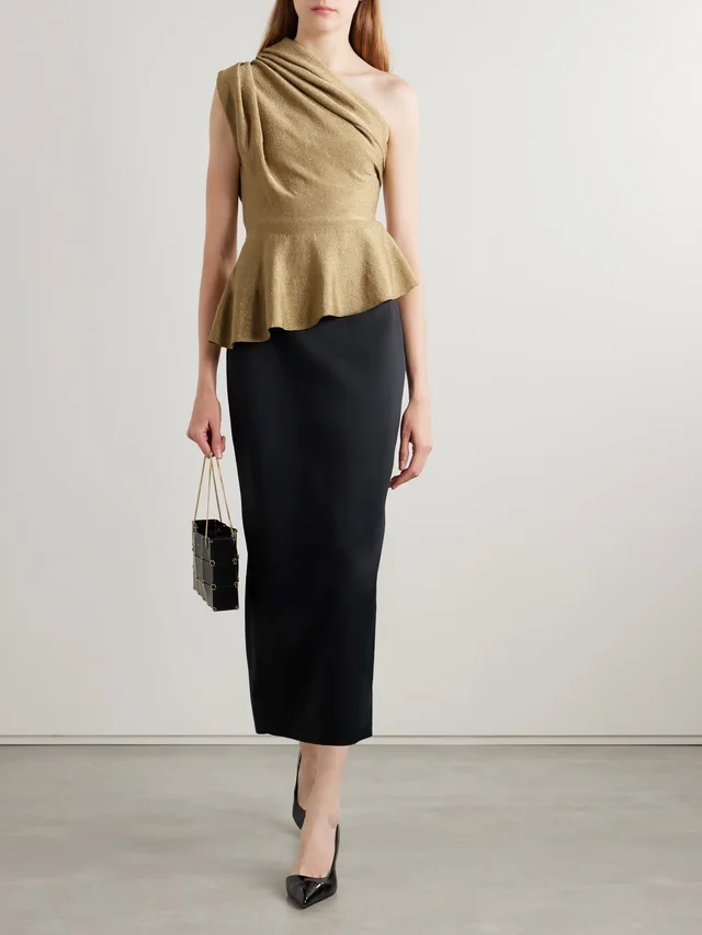KHAITE Aimee asymmetric one-shoulder draped Lurex peplum top in Metallic, photo 2 of 2 from NET-A-PORTER (Canada)