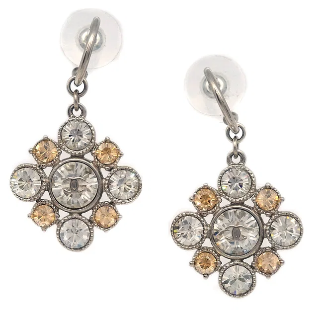 Chanel Dangle Pierced Earrings Rhinestone Silver A12V in Silver from AMORE Vintage Tokyo