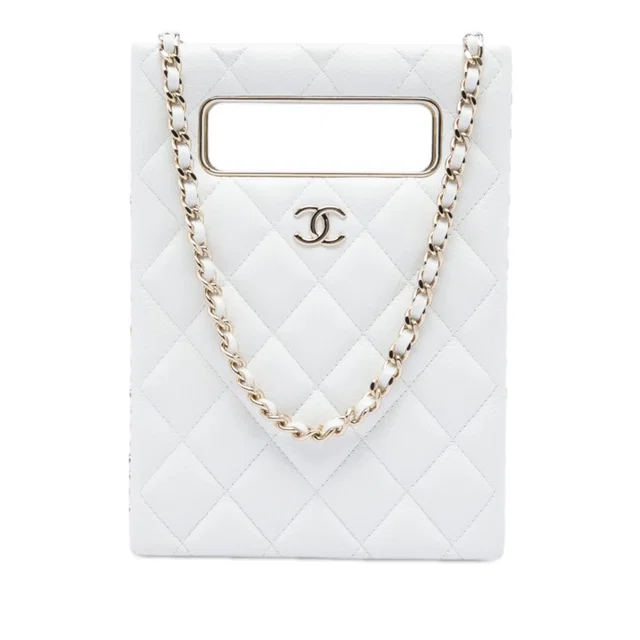 White Chanel Mini Quilted Caviar Cut Out Evening Tote Satchel in White Caviar leather from Designer Revival