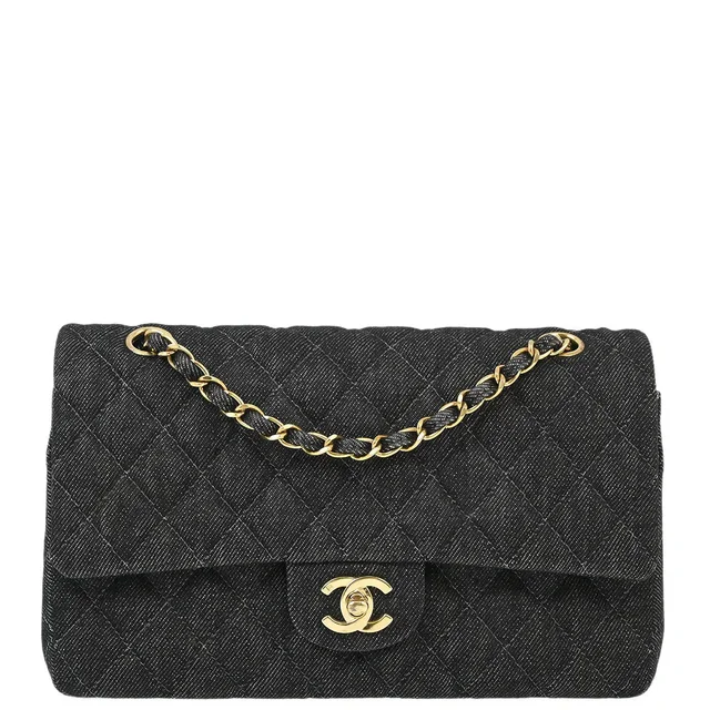 Chanel 1997-1999 Black Denim Medium Classic Double Flap Shoulder Bag in Black Denim from AMORE Vintage Tokyo