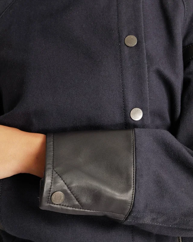 Hermès Navy Jacket with Black Leather Inserts and Logo Buttons Size FR 34 (UK 6) in Black Leather from Sellier