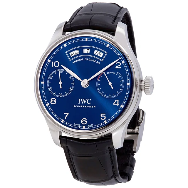IWC Portugieser Annual Calendar Midnight Blue Dial Mens Watch IW503502 in blue|silver|black|gray Crocodile from Jomashop.com