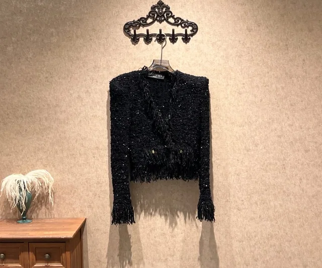 Balmain Black Woven Fringed Cardigan/Size 36/99% New/42312 in Black Woven leather from Luxury Promise