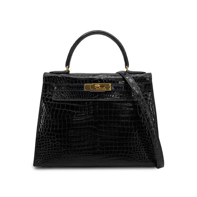 Hermès Kelly 28 Black Porosus Crocodile Hand Shoulder Bag 1993 Circle W Gold Hardware in Black Crocodile from Luxury Promise