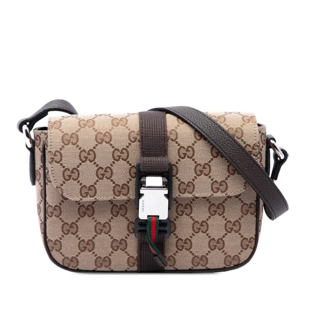 Beige Gucci GG Canvas Web Buckle Flap Crossbody in Beige Canvas from Designer Revival