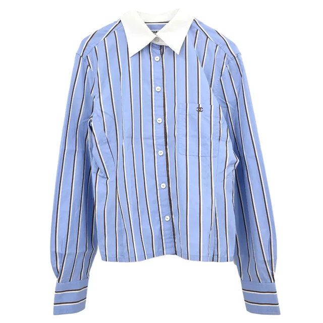 Chanel Striped Shirt Blouse Light Blue in Blue from AMORE Vintage Tokyo