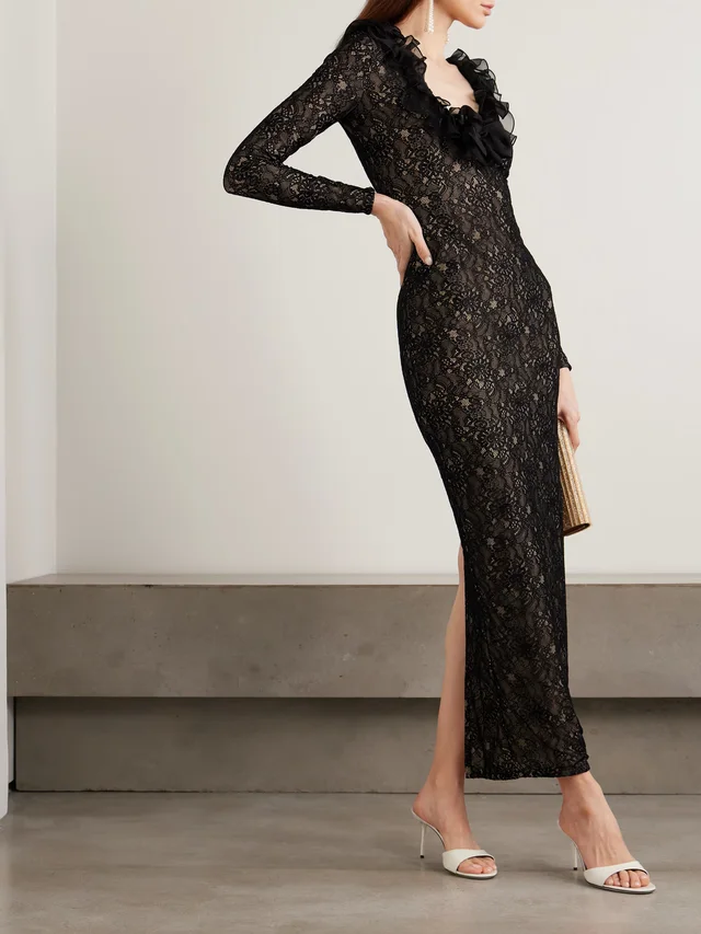 ALESSANDRA RICH Bow-embellished ruffled silk organza-trimmed lace midi dress in Black, photo 2 of 2 from NET-A-PORTER (Canada)