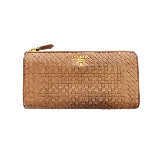 Prada Wallet Logo Leather L-shaped Zipper Brown in Brown Leather from The Reluxe