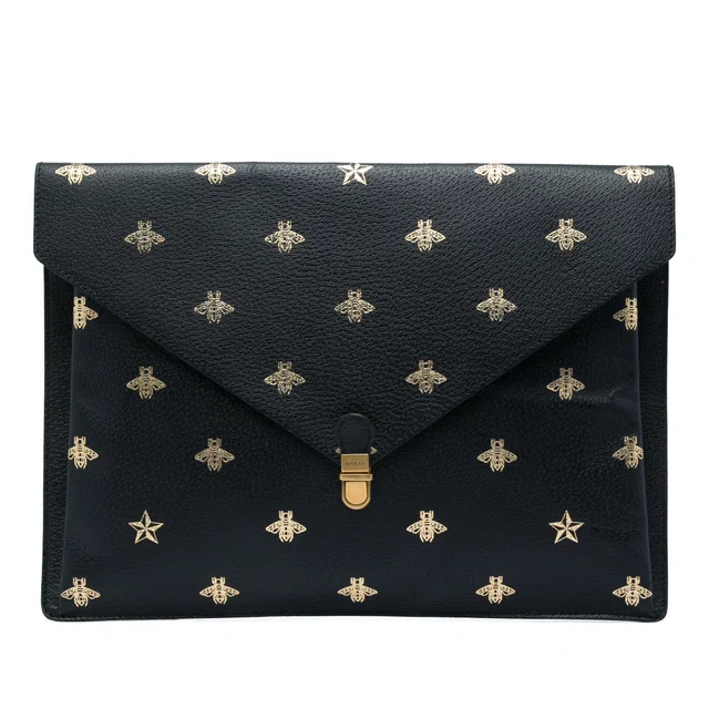 Black Gucci Calfskin Bee Star Portfolio Clutch in Black Calfskin from Designer Revival