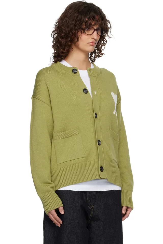 AMI Paris Green Wool Crewneck Ami de Coeur Cardigan, photo 2 of 4 from SSENSE