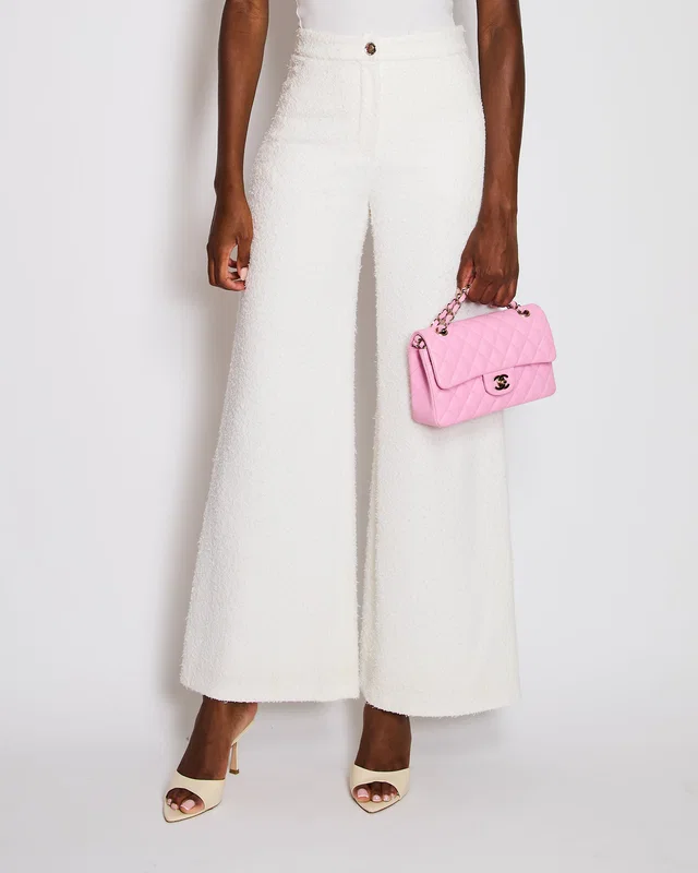 Chanel 25/C White High-Waist Tweed Trousers with Logo Button Detail Size FR 34 (UK 6) in White Tweed from Sellier