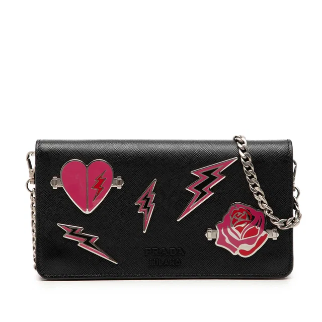 Black Prada Saffiano Metal Applique Wallet On Chain Crossbody Bag in Black Saffiano leather from Designer Revival